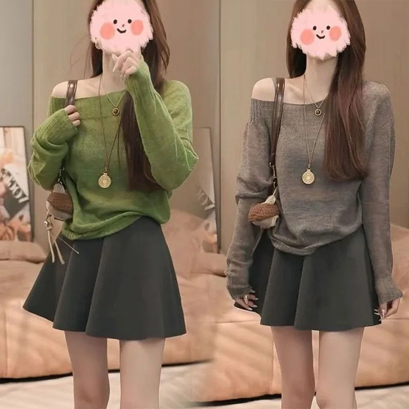 

Korean Sle Loose Sweater Two-Piece Set Women's Autumn plus Size Plump MM Pleated ort Skirt Set Slimming Effect round Ne