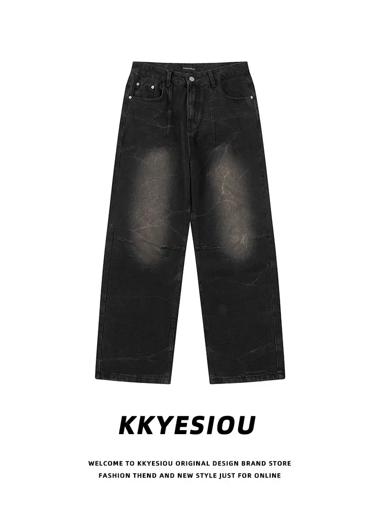 

KKyesiou American Retro Waed Jeans Men Women Oversize Casual High Waist Trendy Straight Leg Pants Youthful Energy Sle