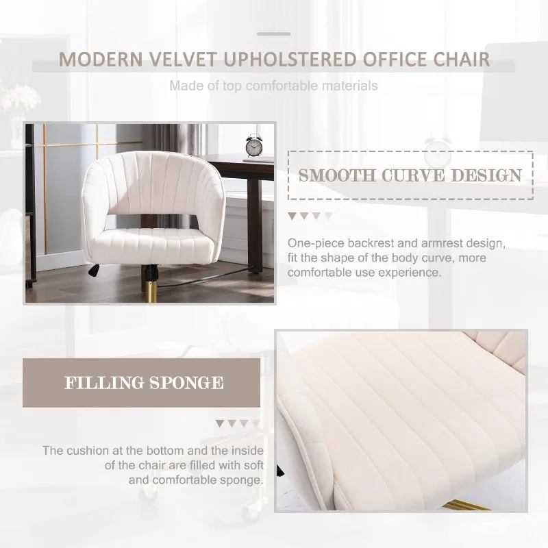Velvet Office Desk Chair, Modern Home Desk Chair with Wheels & Gold Base, Swivel Vanity Chair for Bedroom, Office, Vanity Study
