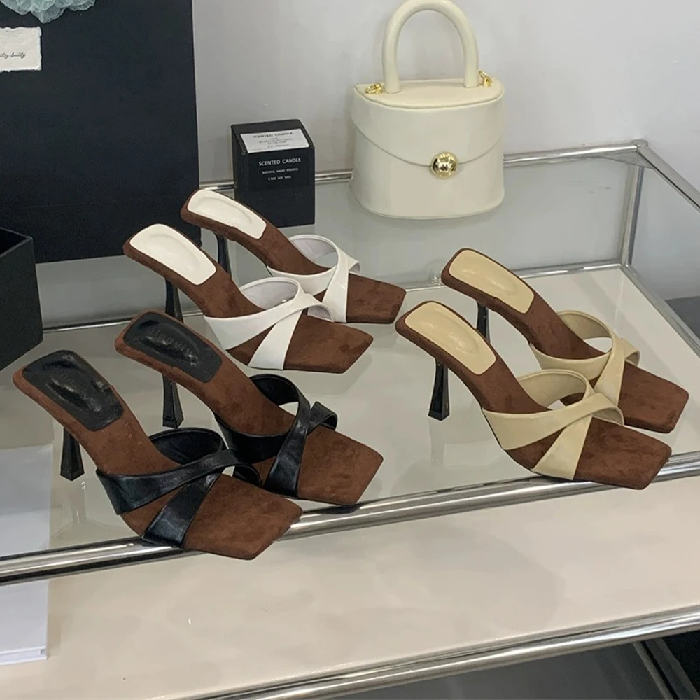 المرأة ساحة المفتوحة تو الصيف الكعوب البغال عبر حزام الانزلاق على 2.76 بوصة هريرة الكعب الصنادل خنجر عالية الكعب النعال