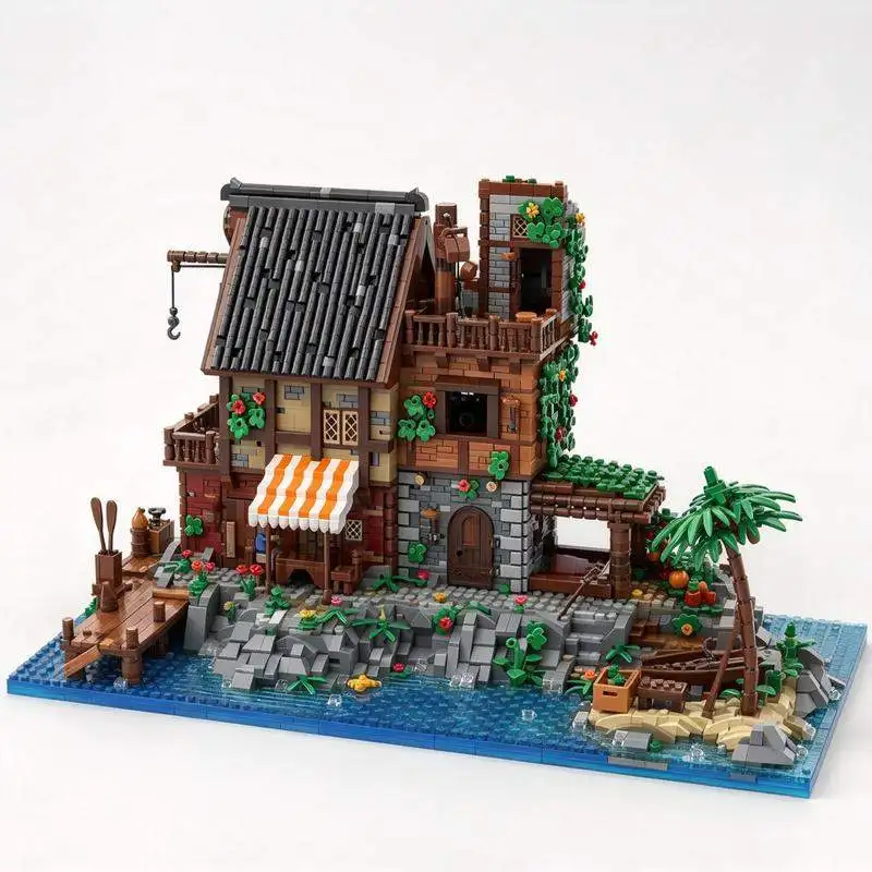 8625PCS Tropical Pirate Island Captain House Pier Tavern Scene Model Custom Creative Building Blocks DIY Assembly Toy Gift Set