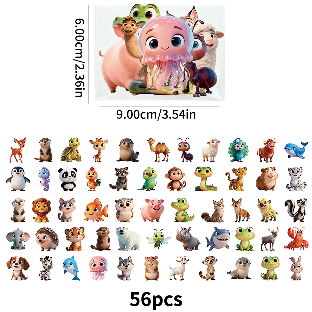

56PCS Adorable Animal Stickers Clear Waterproof Cartoon Decals for Notebooks, Home Storage Boxes, Laptops Household Accessories
