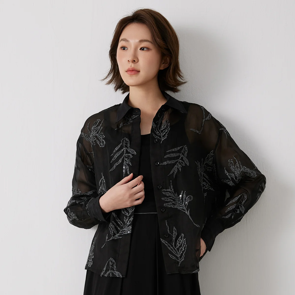 

Pop K3014W Luxury Lapel 100% Silk Blouse Embroidery Sequin Advanced Ready To Wear Clothing
