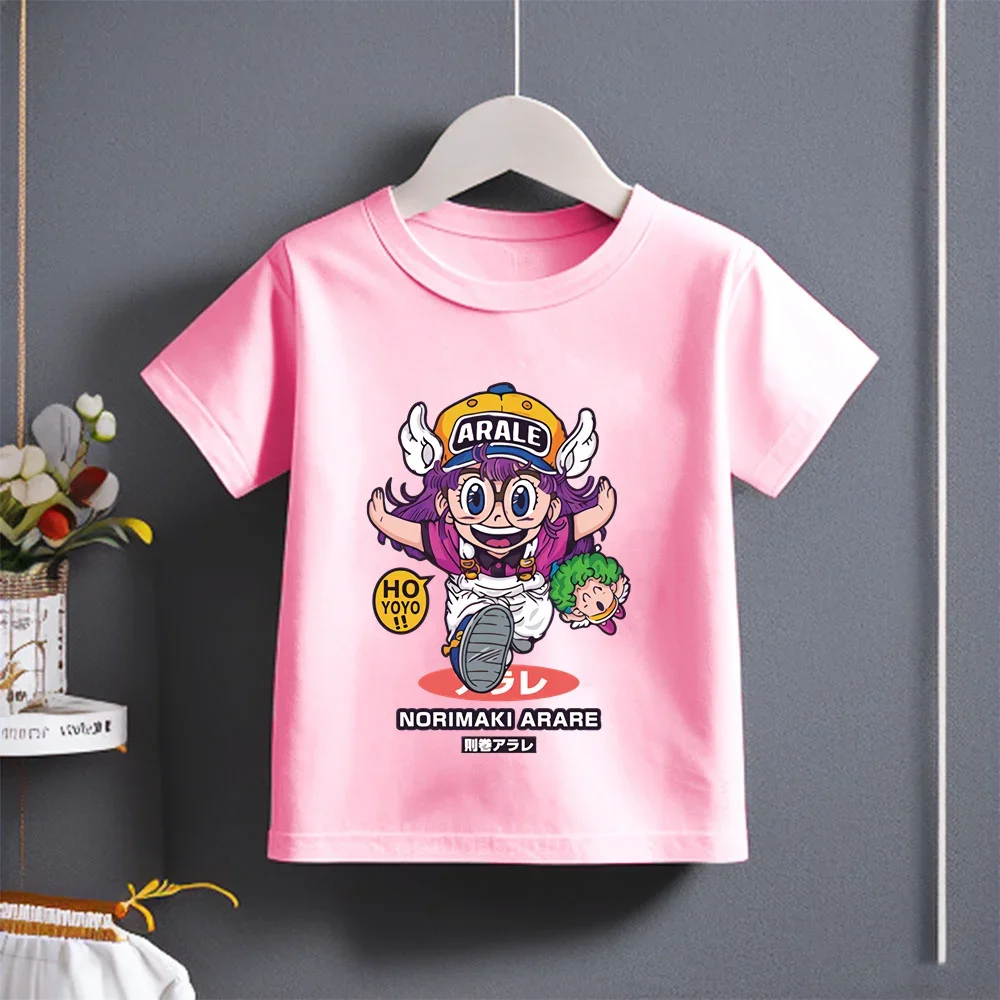 Summer 2024 New Arale Comic Cartoon Print T-shirt Boys Girls Cotton Casual Stylish Short Sleeve Kids Wear