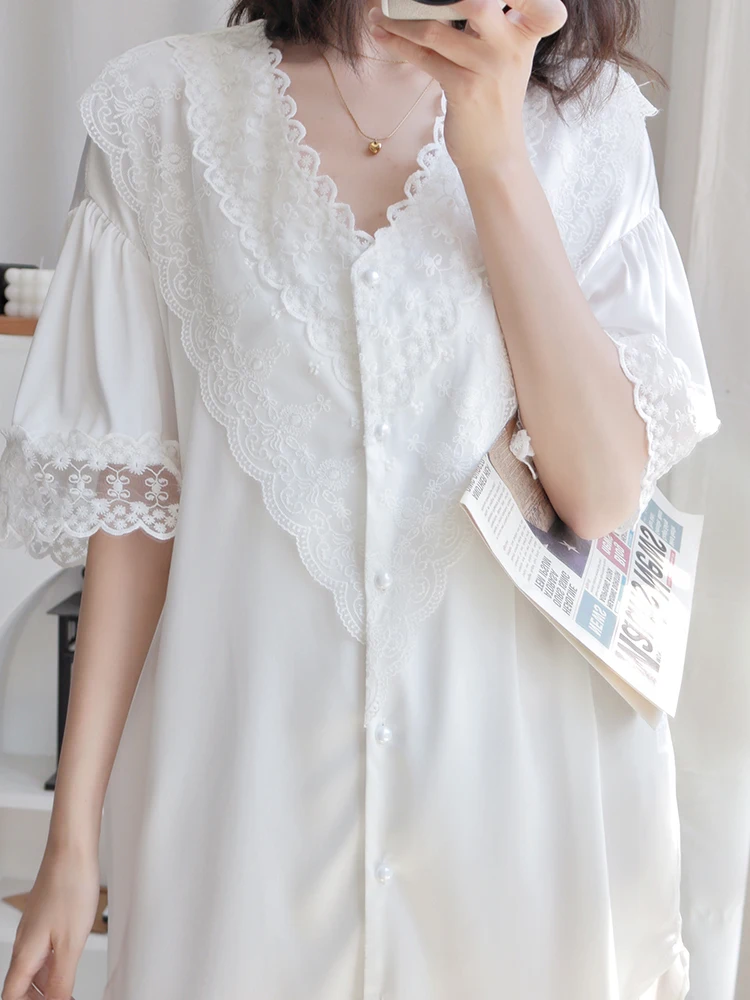 Ice Silk Nightgown Female Boyfriend Style Shirt Dress Lace Sexy Summer Thin Mid-length Spring and Autumn Silk Pajamas