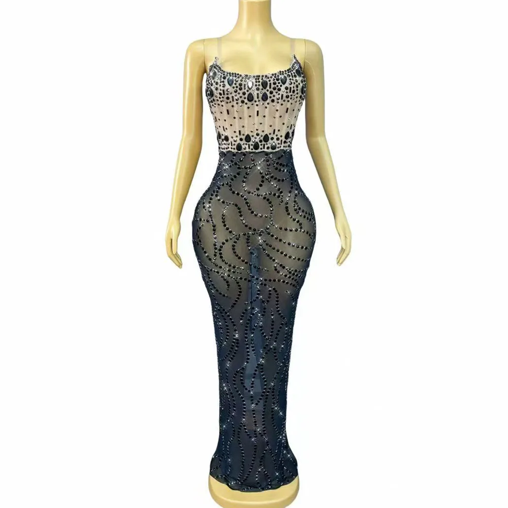 

Elegant Off-the-shoulder Shining Black Rhinestones Transparent Trim fit Dress Women Birthday Party Evening Gown Stage Outfit