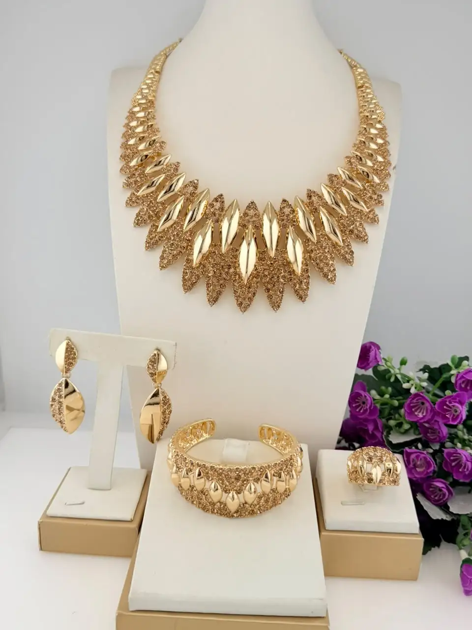 Leaf Rhinestone Statement Jewelry Set Gold Plated Bib Necklace Drop Earrings Cuff Bangle Ring African Bridal Party Accessories