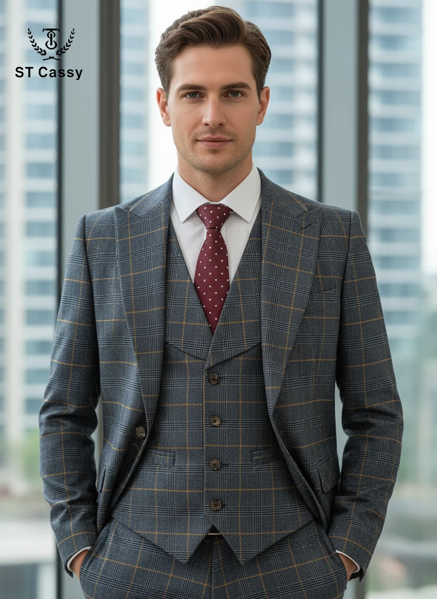 ST Cassy Conjunto de traje a cuadros de 3 piezas gris para hombre, traje formal elegante para oficina de negocios y boda, traje completo para hombre elegante