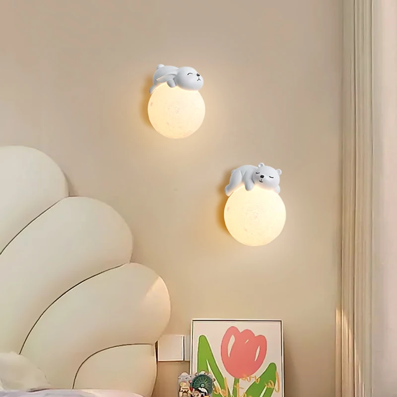 Creative Cartoon Animal Astronaut Decoration Bedroom Headboard PE Lampshade Lunar Wall Lamp Children's Room Lighting Fixture
