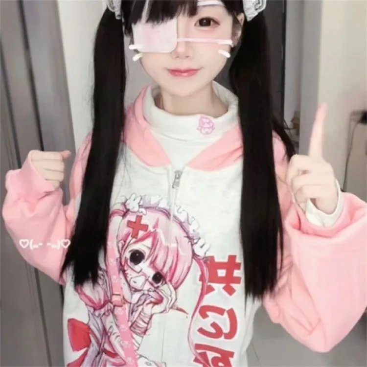 Harajuku Sweet Cartoon Anime Sweatshirts Y2k E-Girl Long Sleeve Zipper Coat Women 2024 New Mid-length Hoodie Tops Mujer