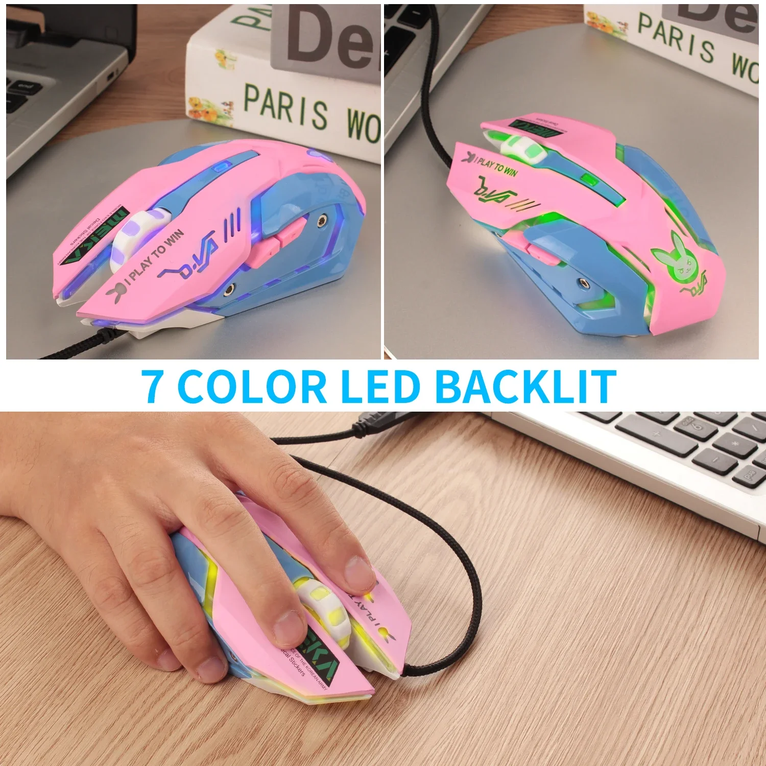 USB Wired Gaming Mouse Pink Computer Professional E-sports Mouse 2400 DPI Colorful Backlit Silent Mouse for Lol Data Laptop Pc