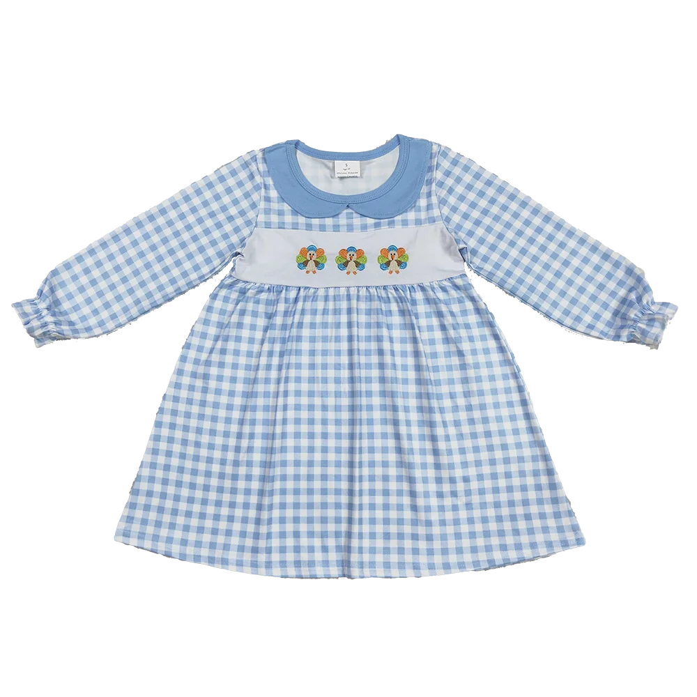 

9.17 Winter Hot Sale Wholesale Western Boutique children clothing Embroidery Baby Girls Blue Checkered Thanksgiving Turkey Ruffl