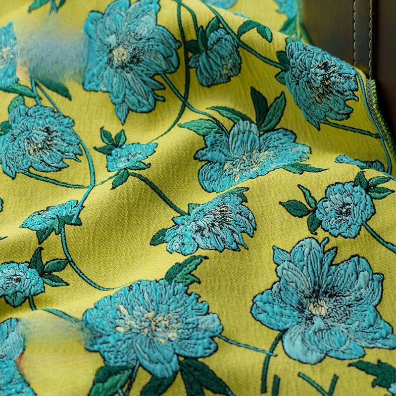 

Yellow Background Blue Floral Embossed Stretch Jacquard Fabric Vintage Dress Vest Clothing Bag Woven Decoration Textile