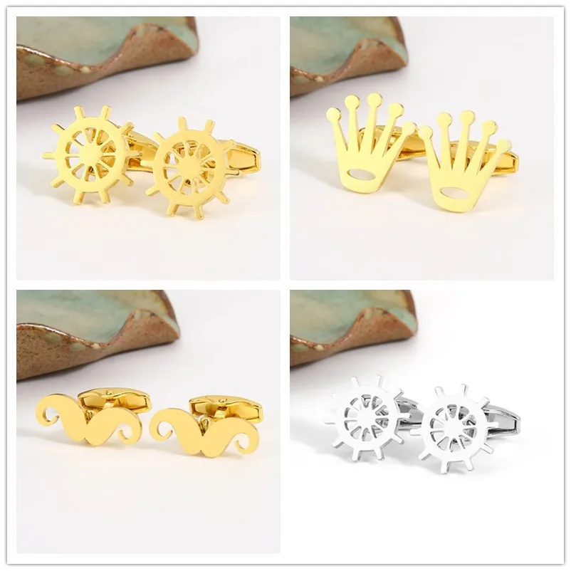 Fashion Men's French Shirt Cuff Spikes, Rudder Palm Fun Beard Fashion Gold and Silver Cufflinks Sleeve Spikes