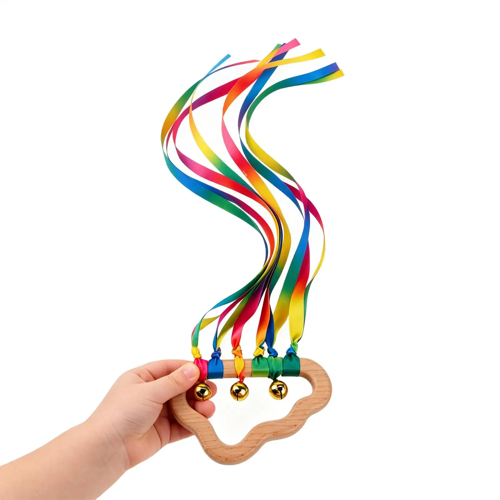 Kid Rattle Toys Rainbow Wooden Gentle Easy Grip Teething Ring Sensory Ribbon Toy for Children Boys Girls Home Indoor Outdoor