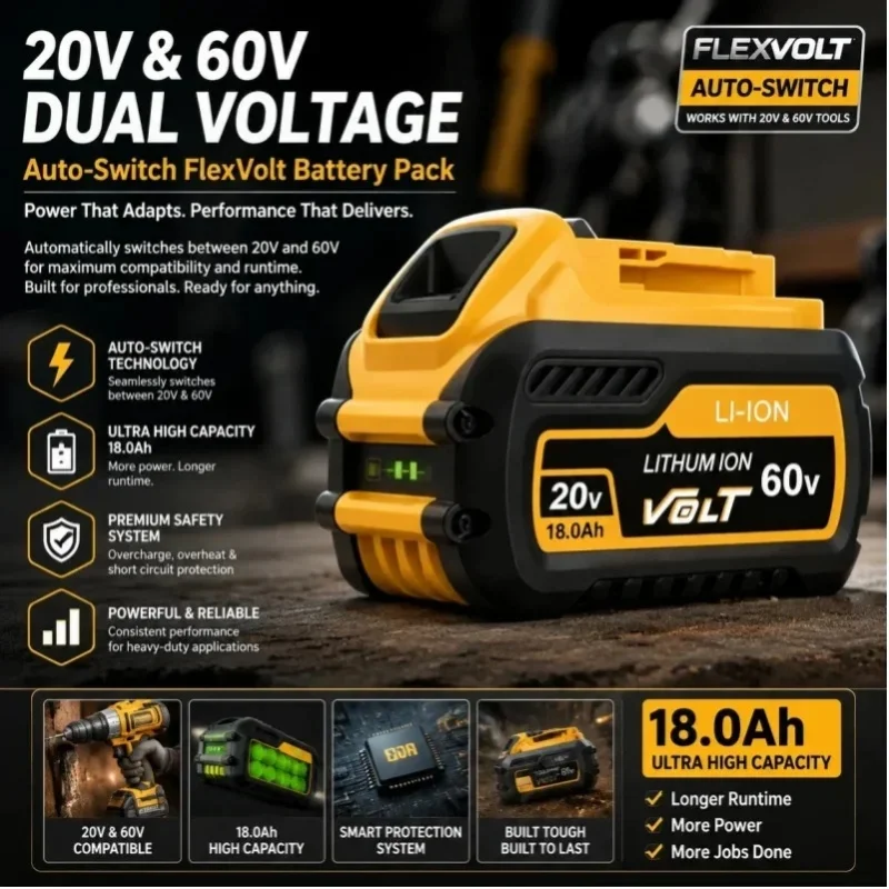FlexVolt 18,0 Ah 20 V–60 V Lithium-Ionen-Akku mit automatischer Spannungswahl, leistungsstarker Ersatz-Lithium-Ionen-Akku für schwere Elektrowerkzeuge und Garten- und Rasenpflegegeräte.