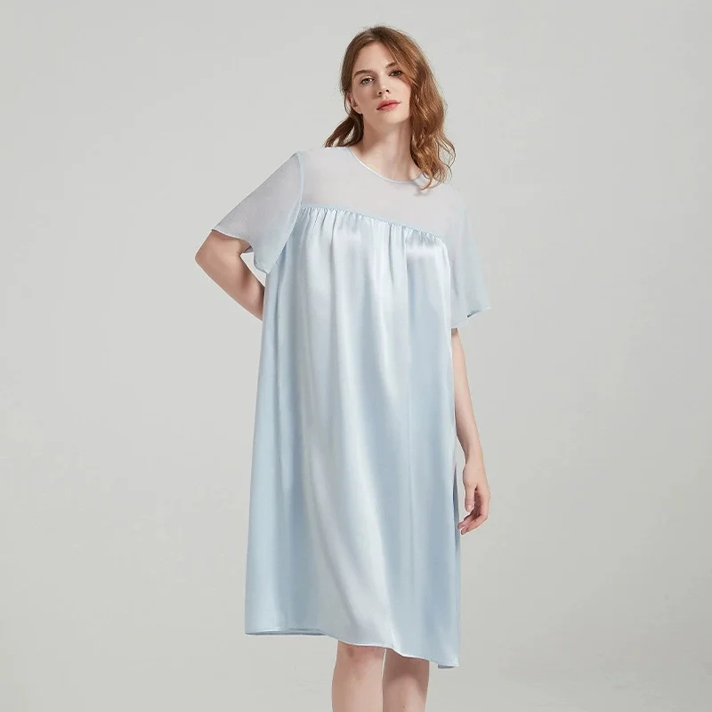 

100% Mulberry Silk Pajamas, Georgette-panelled Round-neck Silk Nightdress, Babydoll Style, Elegant Women's Loungewear