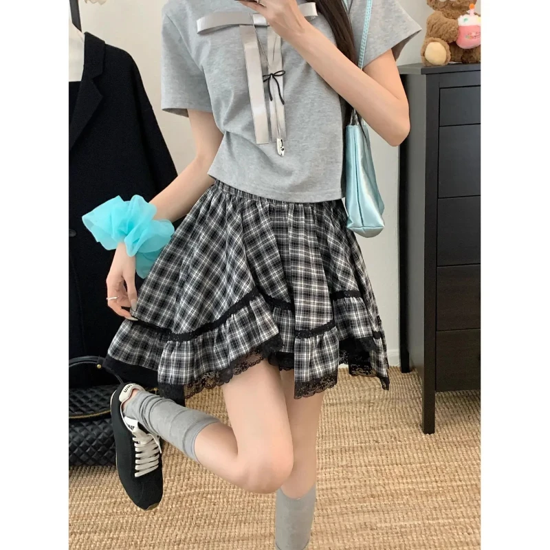 

Retro Irregular Ruffle Plaid Spicy Girls Skirt 2025 Summer High Waist Spliced Lace A-line Fluffy Mini Skirts Y2k Skort