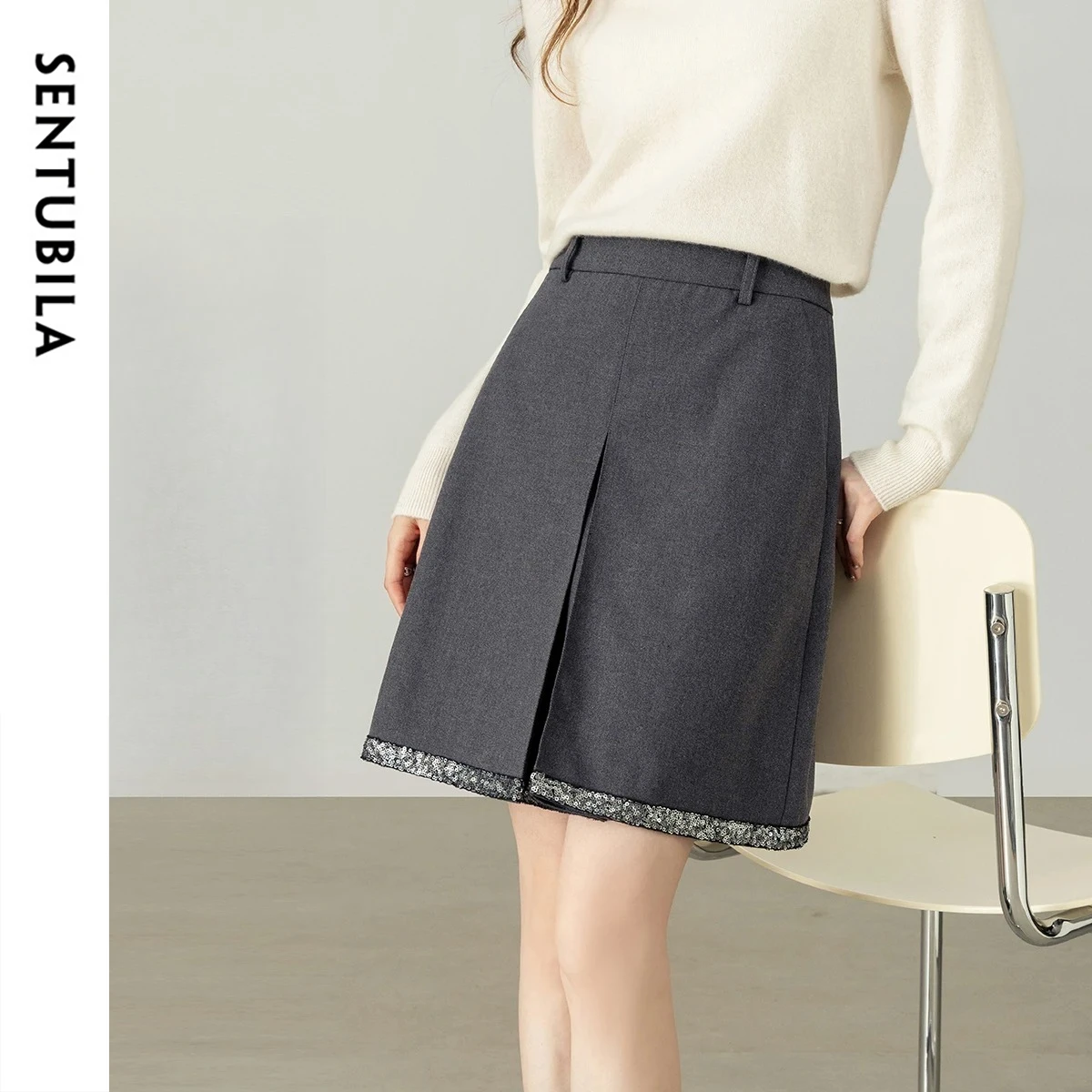

SENTUBILA женская юбка трапециевидной формы, осень 2022, серый цвет, два наклонных кармана, офисная минималистичная женская одежда 154QF3665