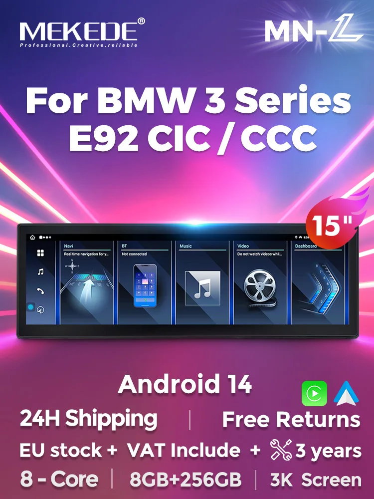 MEKEDE 15 inch 3 K Auto Intelligent Systeem Multimedia Video Player Voor BMW 3 Serie E92 Android 14 Auto radio draadloze CarPlay 4G - afbeelding 2