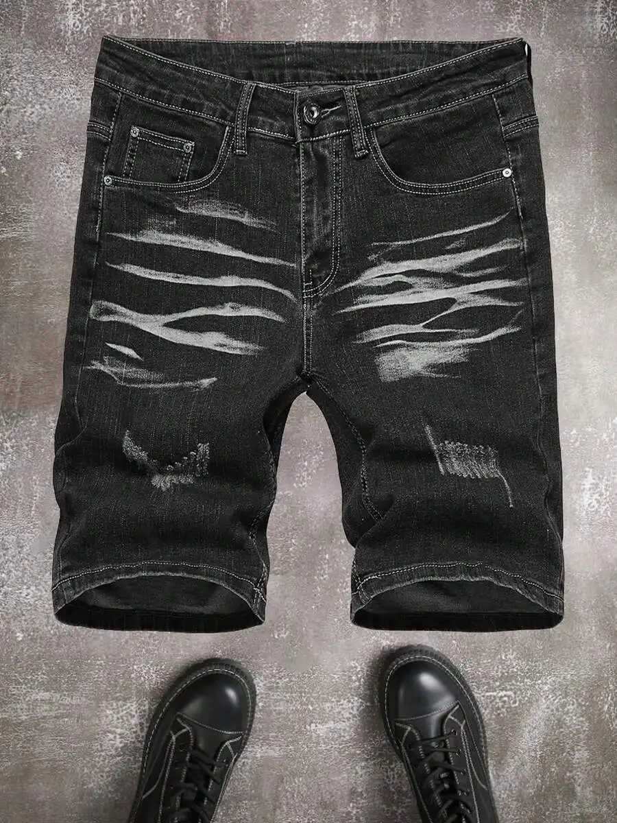 

Mens Casual Stretch Slim Fit Distressed Black Denim Shorts