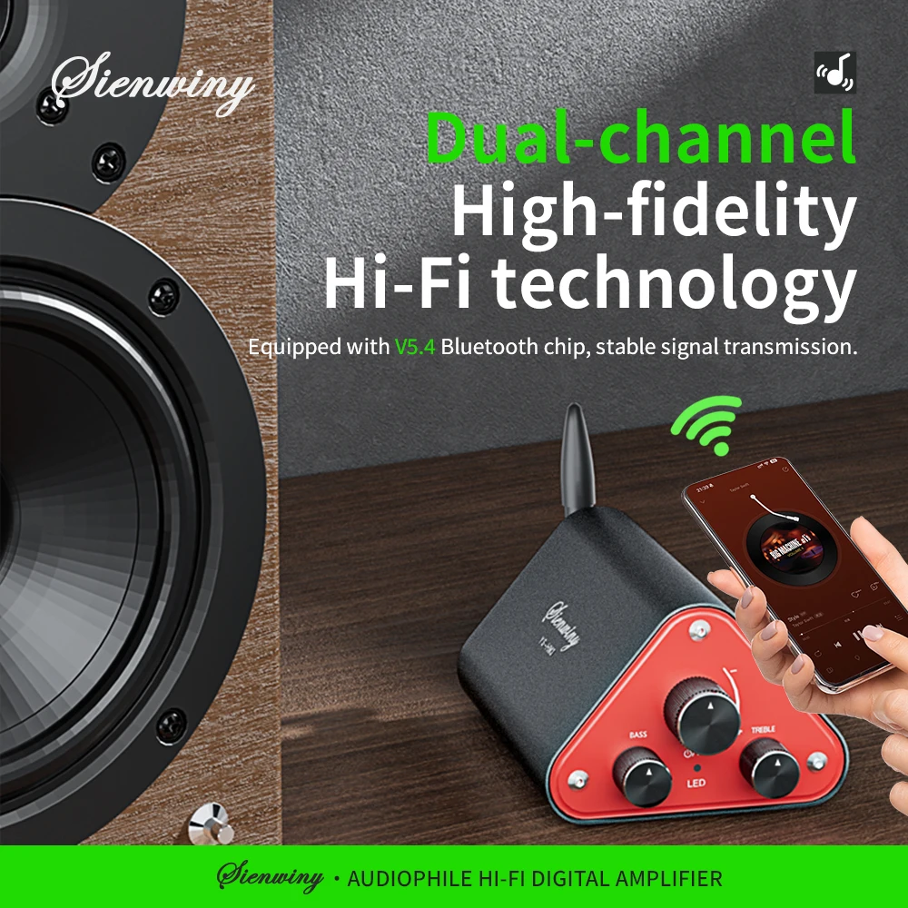 SIENWINY-786 TPA3116D2 HiFi 2.0 Stereo Audio Amplifier, 50W x 2 Bluetooth Digital Power Amp Bass Treble Control
