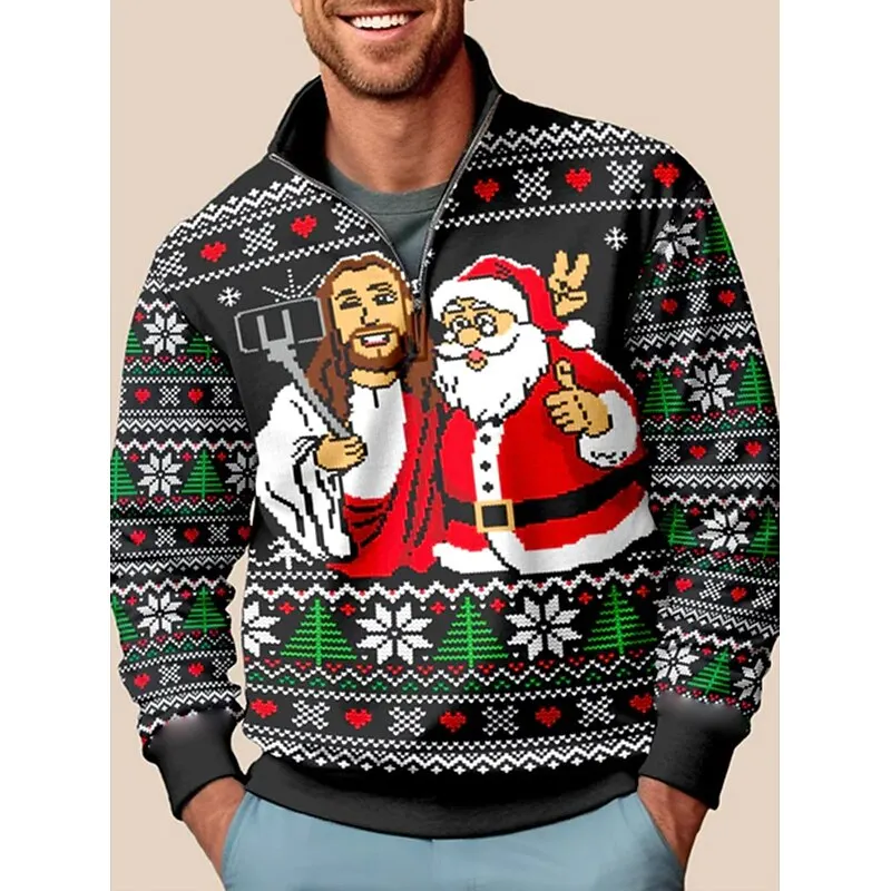 

Men's 3D Print Funny Christmas Element Zipper Sweatshirt Fashion Casual Long Sleeve Pullover Creative Design Comfortable Clothes