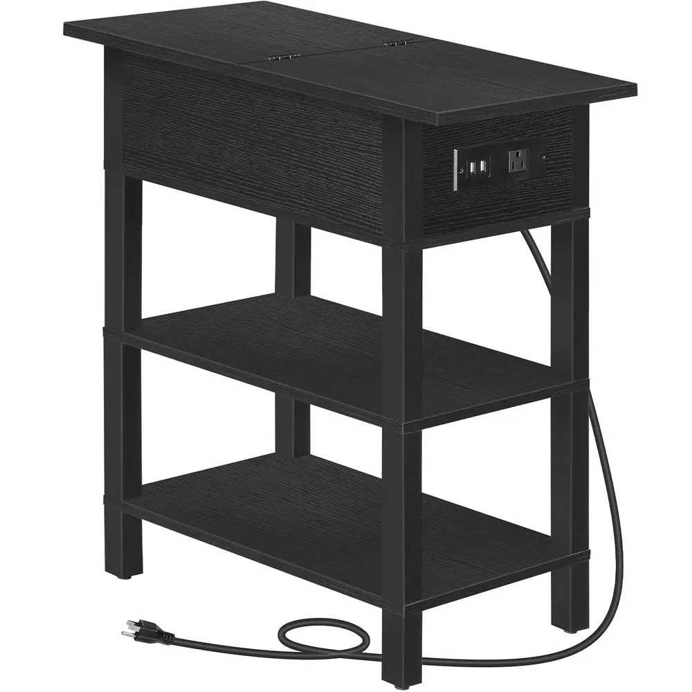 

End Table with Charging Station, Flip Top Side Table with USB Ports, Narrow Nightstand Bedside Tables with Storage Shelves, for