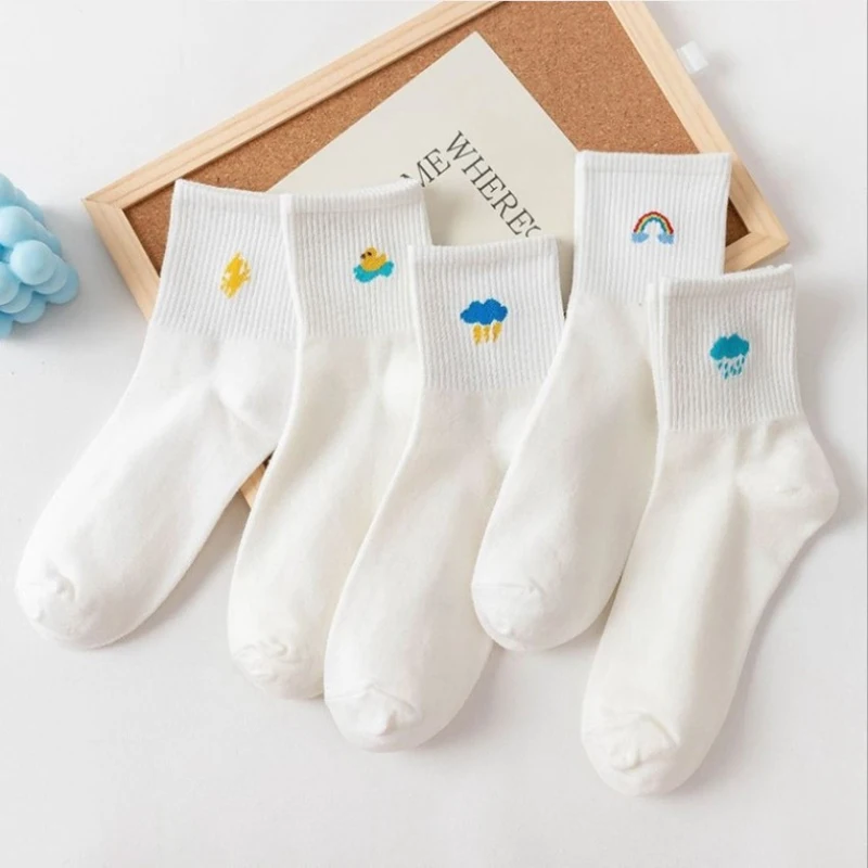 5 Pairs Of Women's Socks Set Spring And Autumn White Cartoon Socks Women's Cute Pure Cotton Weather Socks Fun Socks