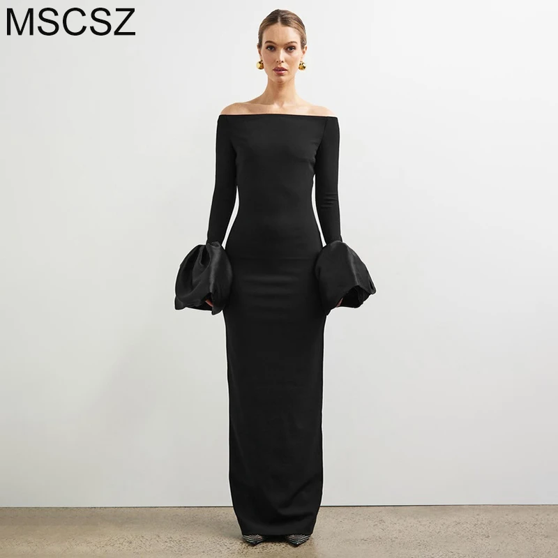 

MSCSZ Off Shoulder Long Sleeve Long Dresses For Women Backless Flare Sleeve Maxi Dress Elegant Black Evening Party Dress