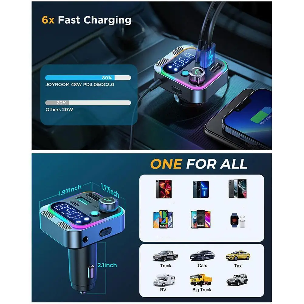 LED Bluetooth 5.0 FM Transmitter With Strong Dual Mics And Deep Bass Sound For Car 48W PD&QC3.0 Car Charger Adapter