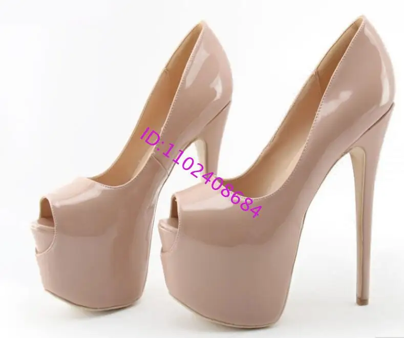 Nackte Lackleder-Pumps mit hohen Absätzen für Damen, Peep-Toe-Kleid, Plateau-Pumps, 16 cm hohe Plateau-Slip-On-Schuhe, große Größe