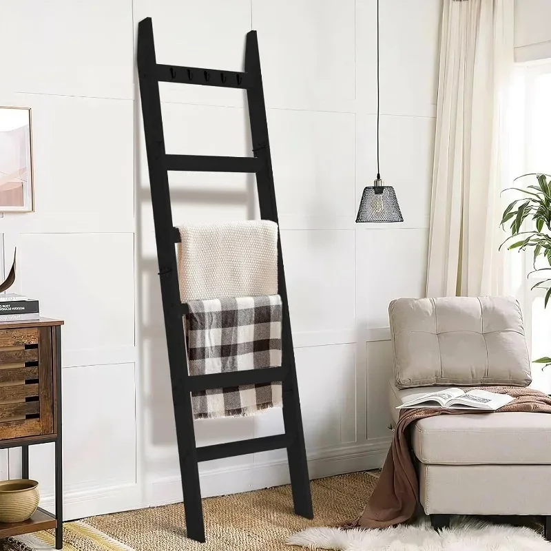 6-Tier Blanket Ladder with Hooks, 5.4 Ft Wall Leaning Blanket Ladders for Living Room, Rustic Decorative Ladder