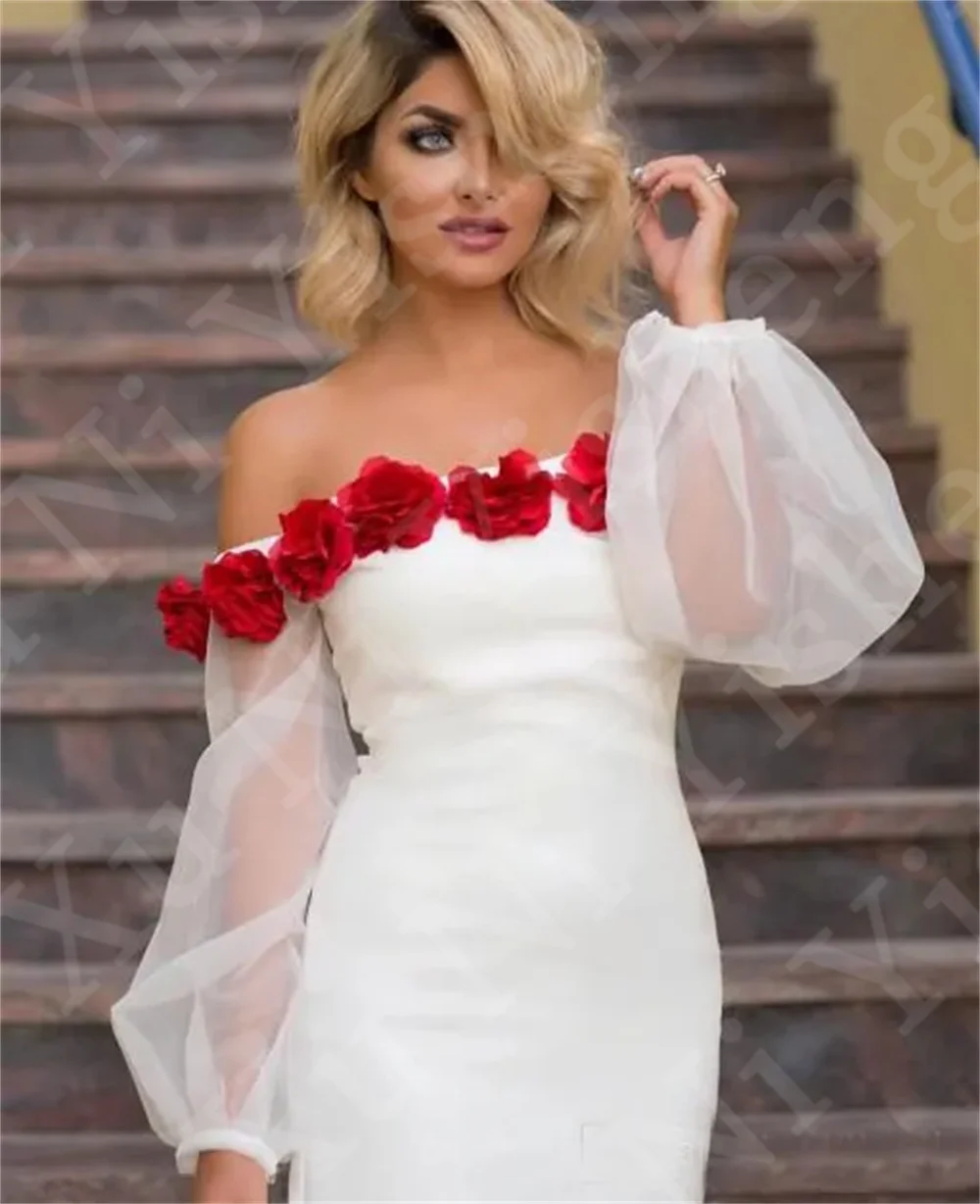 White Special Design Elegant Formal dress Off Shoulder Puff Sleeve Knee-Length Wedding Party dress Stereo Flower Reception dress