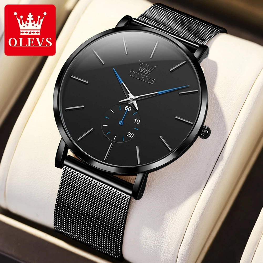 OLEVS Men\'s Watches Minimalism Ultrathin Original Quartz Wristwatch Waterproof Luminous Independent Second Hand Dial Mesh Strap