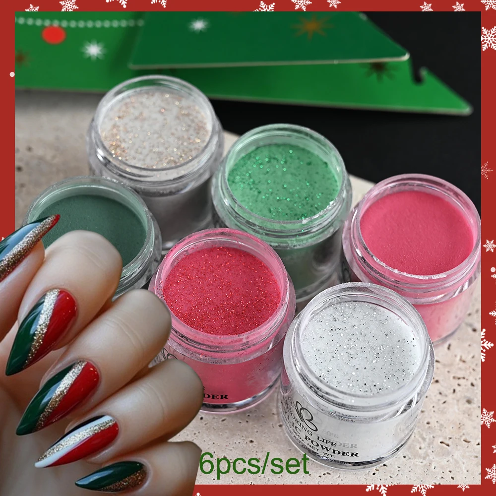 ผงอะคริลิคแต่งเล็บคริสต์มาส 6 สี/ชุด สีแดงเขียว กลิตเตอร์ คริสตัล สำหรับต่อเล็บ/ต่อเล็บปลอม