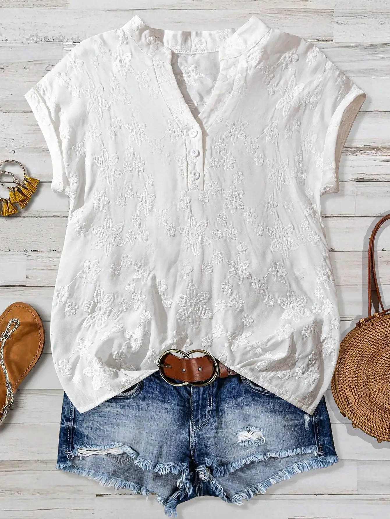 

Women's Floral Jacquard V-Neck Short Sleeve Casual Blouse Summer White Top