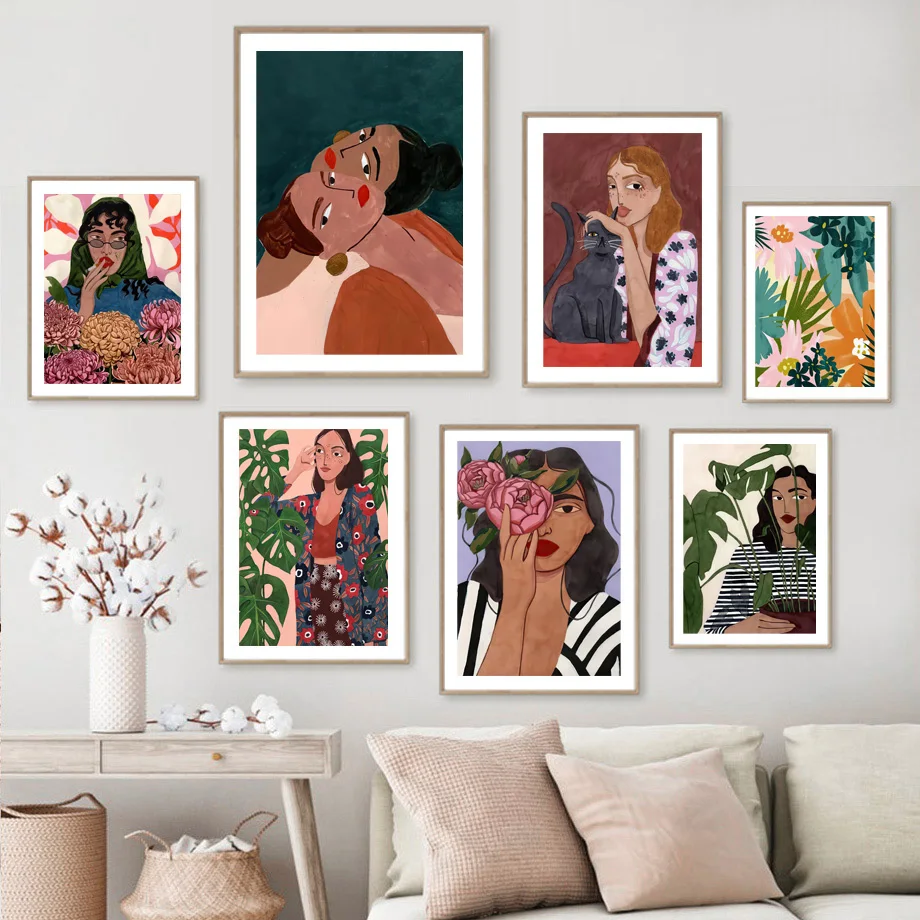 Boho Female Wall Art Modern Abstract Woman Portrait Prints Tropical Plant Colorful Feminist Canvas Posters Maximalist Home Decor