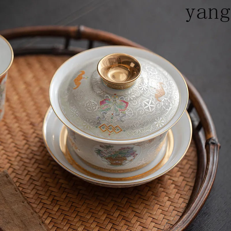 Yjq cover bowl high-grade ceramic tea cup enamel full color retro tea set tea bowl single