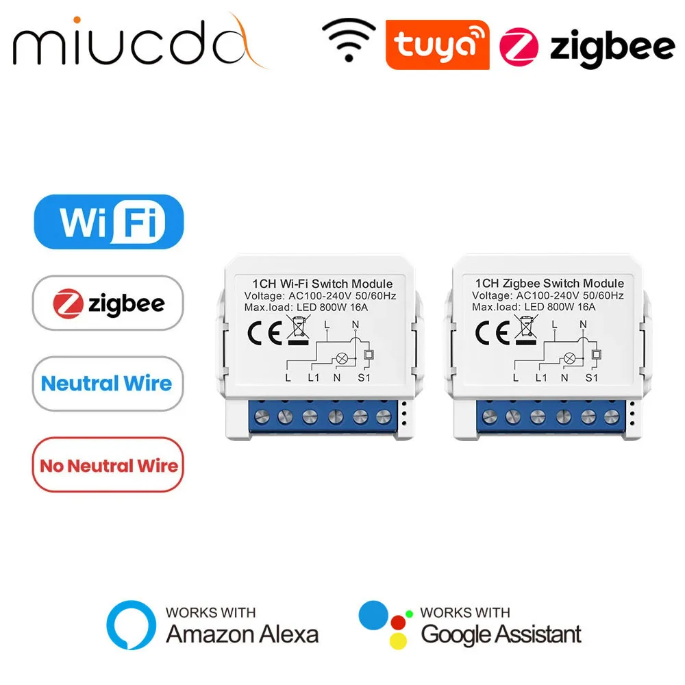 Miucda tuya wifi/zigbee módulo de interruptor de luz inteligente, sem fio neutro 2 maneiras de controle mini disjuntor diy trabalho para alexa, google home