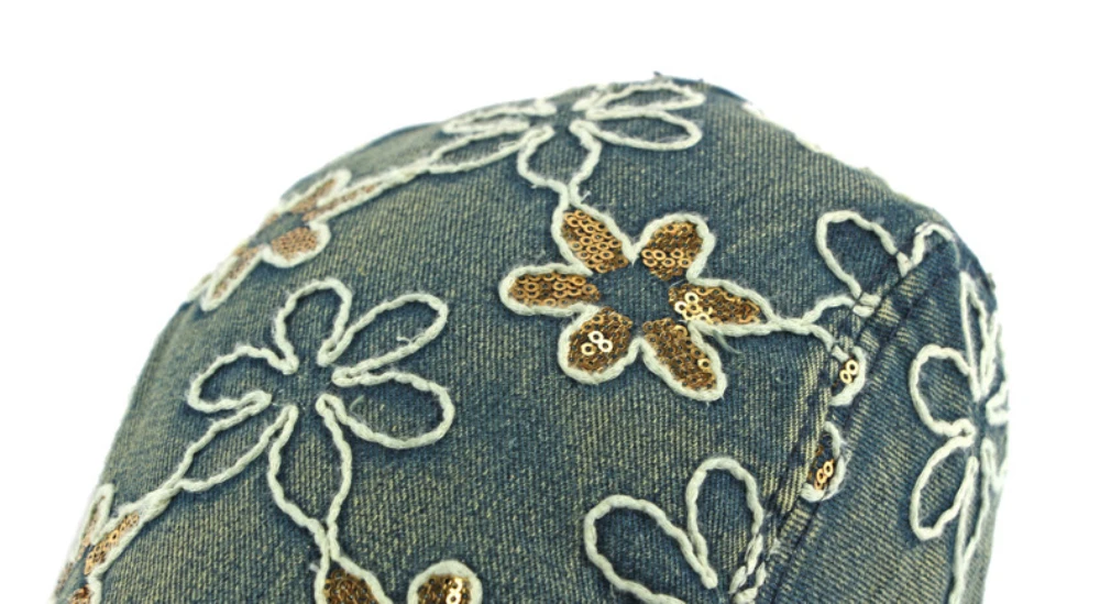 HT5070 Herren- und Damen-Baskenmützen Vintage Künstler-Malermütze Unisex Baumwoll-Ivy-Kappe Stilvolle Pailletten-Blumen Denim-Baskenmütze – Detail 4