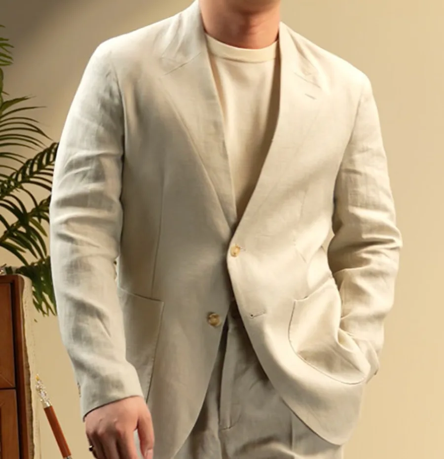 

Luxury100% Linen Shell Designer Gentleman Wedding Groom Formal Blazer Masculino Collarless Men Single Breasted Men Suit Jacket