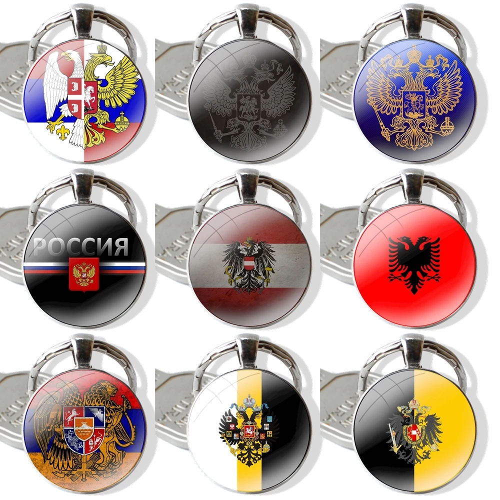 Keychain Handmade Glass Cabochon Key Ring Holder Pendant Key Chains Armenia Albania Russia flag Emblem coat of arms