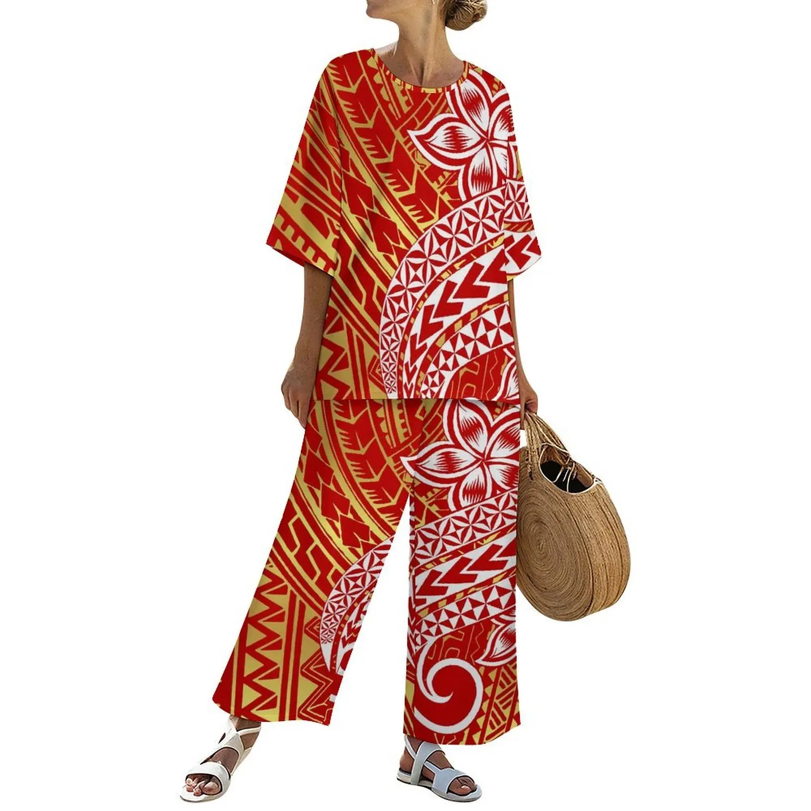

Элегантный женский комплект с круглым вырезом, повседневная летняя одежда с короткими рукавами и короткими рукавами в полинезийском этническом стиле