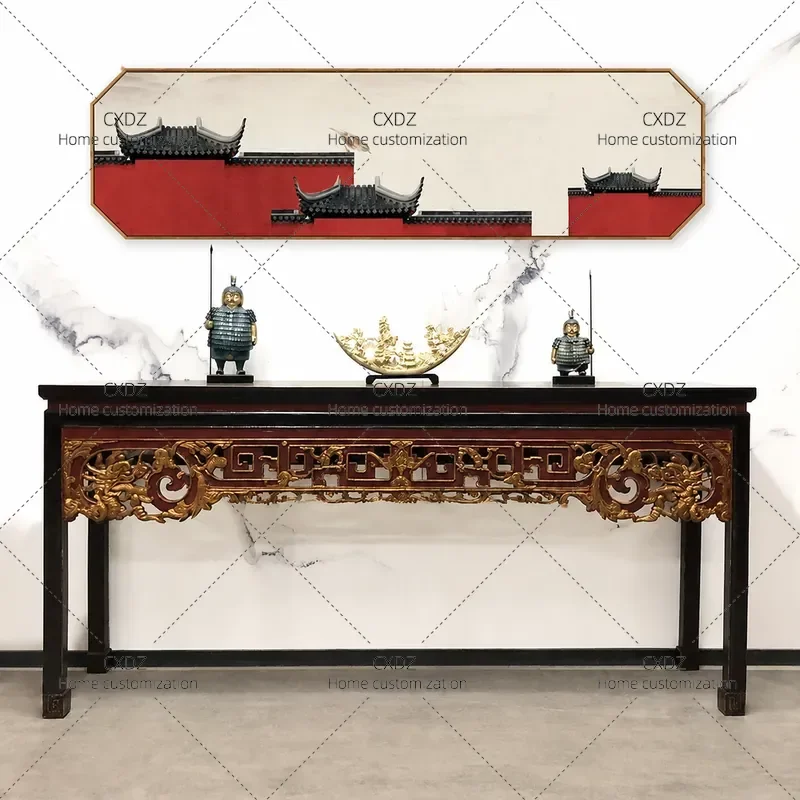 Chinese Antique Solid Wood Carved Flat Head Long Desk Ming Qing Classical Strip Table Buddha Incense Table