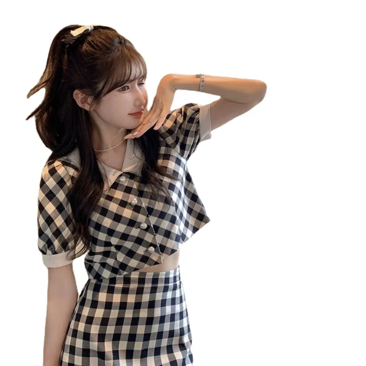 2024 Summer New Retro Plaid Suit Female Doll Collar Short-sleeved Top + Skirt Two Piece Set