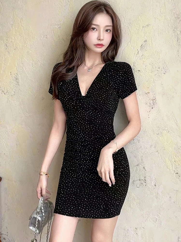 

Summer Black Diamonds Polka Dot Mini Dress Summer Short Sleeve V-Neck Sexy Hip Wrap Dress 2025 Korean Elegant Bodycon Prom Dress