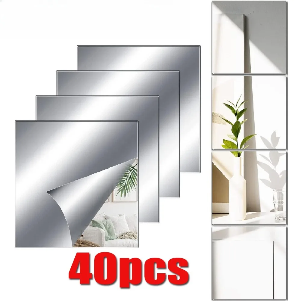 Zestaw 40 sztuk samoprzylepnych naklejek lustrzanych z PVC – 15x15 cm, doskonały efekt odblaskowy, idealne do sypialni, łazienek i toalet – łatwe w aplikacji, odporne na rozprysk, wodoodporne