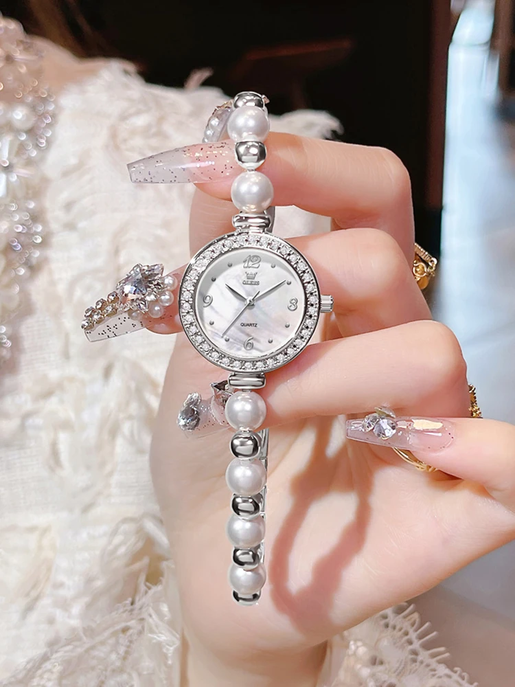 

OLEVS жемчужный браслет с кварцевым механизмом, женские часы с бриллиантами, водонепроницаемые, элегантные, роскошные женские наручные часы
