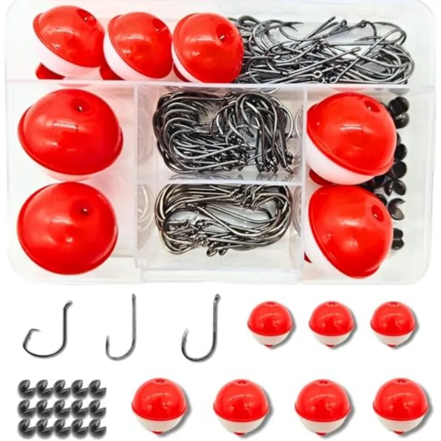 147PCS Fishing Tackle Kit, Including Fishing Hooks, Bobbers for Fishing, Octopus Circle Baitholder Hooks, Sinker Weights for Ba